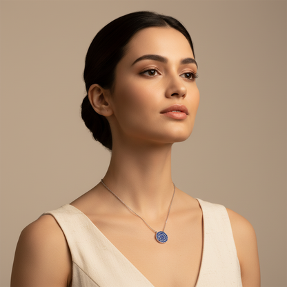 Blue Sapphire Pav Circle Disc Pendant Necklace - Five
