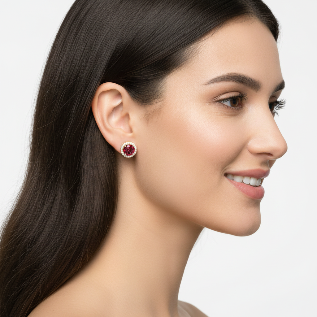 Ruby Red Round Halo Stud Earrings With Screw Back - Six