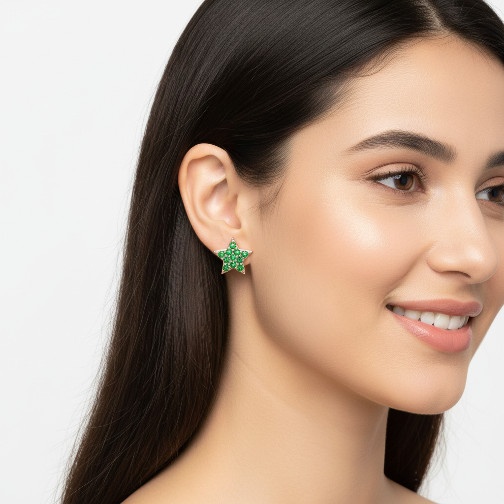 Emerald Star Stud Earrings With Screw Back Closure - Five