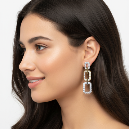 Pav Chain Link Drop Earrings With Rectangular Links - Five