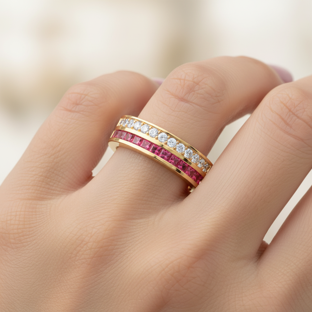 Ruby And Diamond Double Row Channel Set Band Ring - Eight