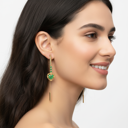 Emerald Heart Threader Earrings With Bar Drop Chain Detail - Eight