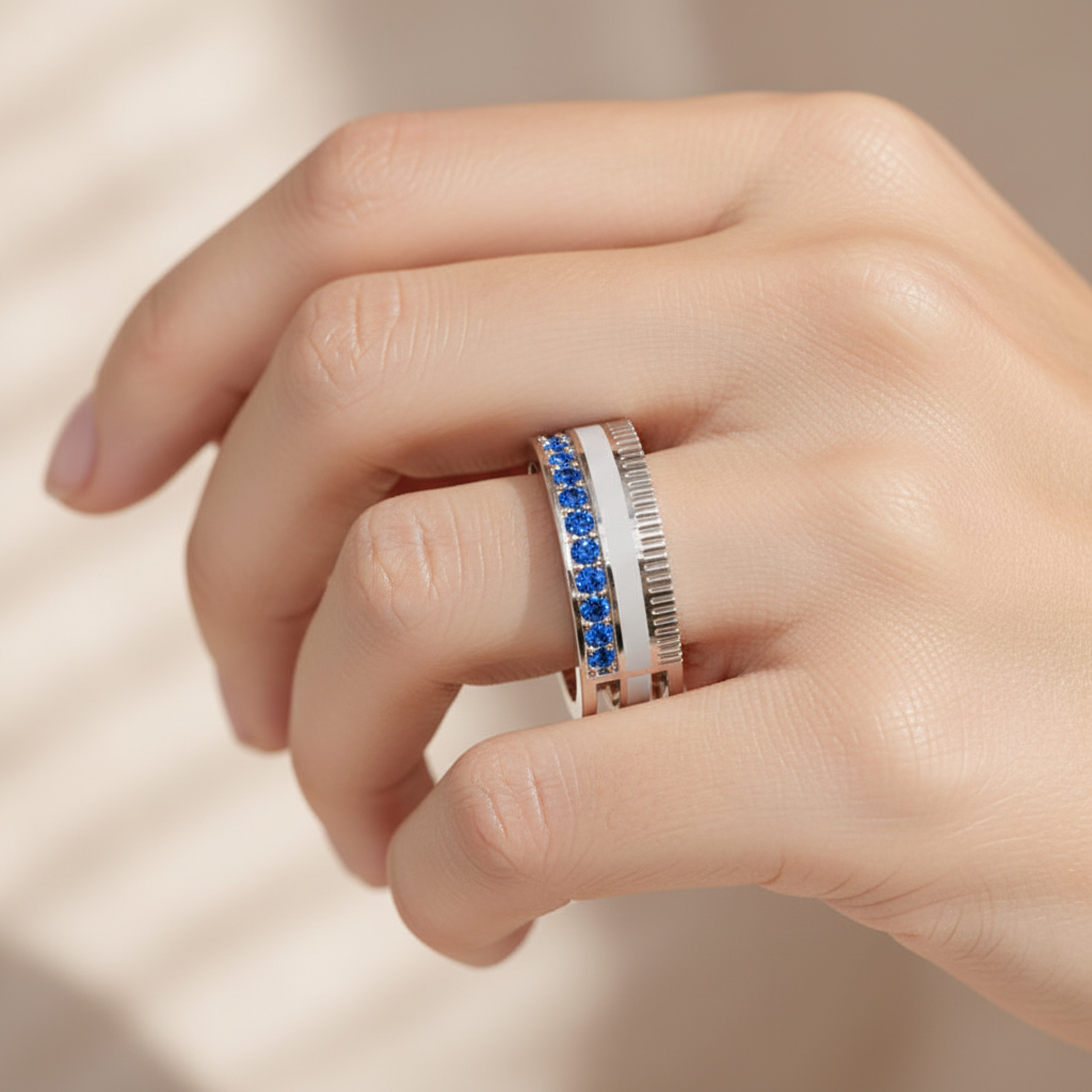 White Gold Blue Sapphire Band Ring With White Enamel Center – Modern Customizable Statement Ring | Jebij - Eight