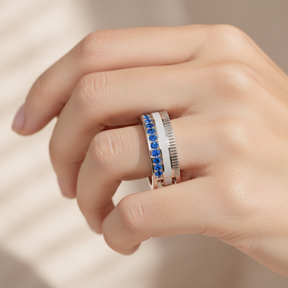 White Gold Blue Sapphire Band Ring With White Enamel Center – Modern Customizable Statement Ring | Jebij - Eight
