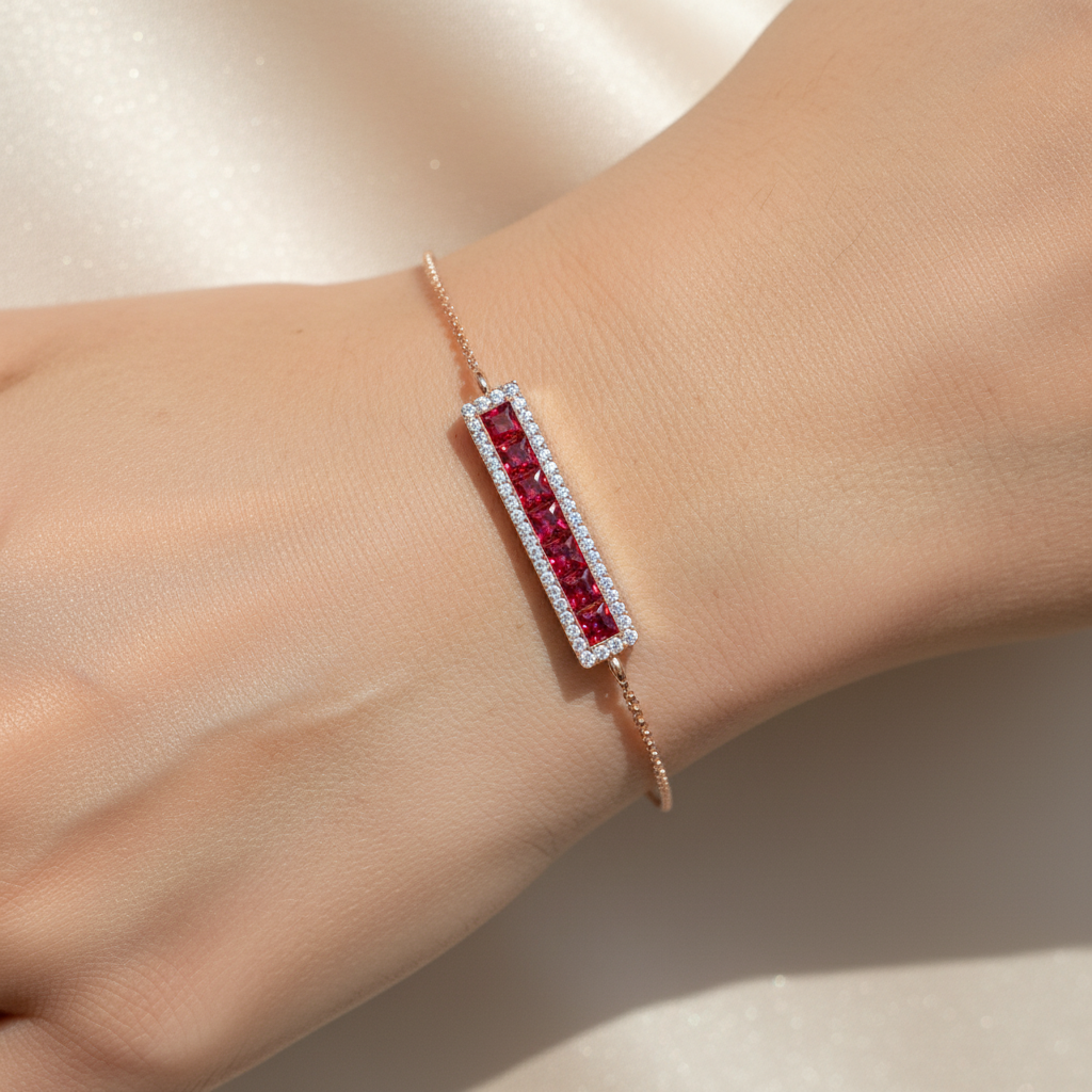 Princess Cut Ruby Bar Bracelet With Diamond Halo Chain Bracelet - Eight