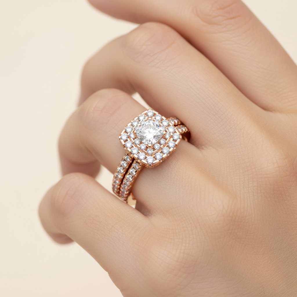 0.5 Ct Center Diamond Crafted with Double Halo Setting