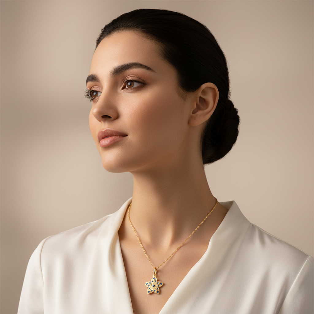Minimalist Flower Pendant Necklace With Diamonds  White Gold Design - Five