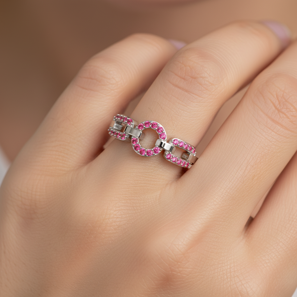 Ruby Circular Link Ring In White Gold | Double Pave Interlocking Chain Statement Luxury Ring For Women | Jebij - Eight