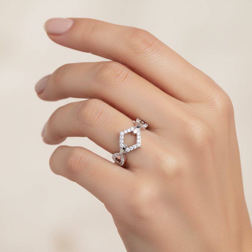 Diamond Chain Link Ring For Women | White Gold Chevron Center Modern Design | Jebij - Eight