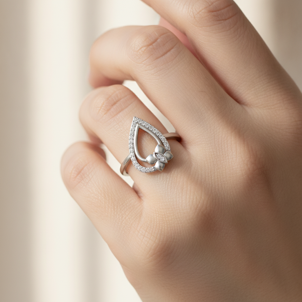 Butterfly Droplet Shaped Diamond Ring In 925 Sterling Silver - Thirteen