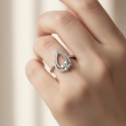 Butterfly Droplet Shaped Diamond Ring In 925 Sterling Silver - Thirteen