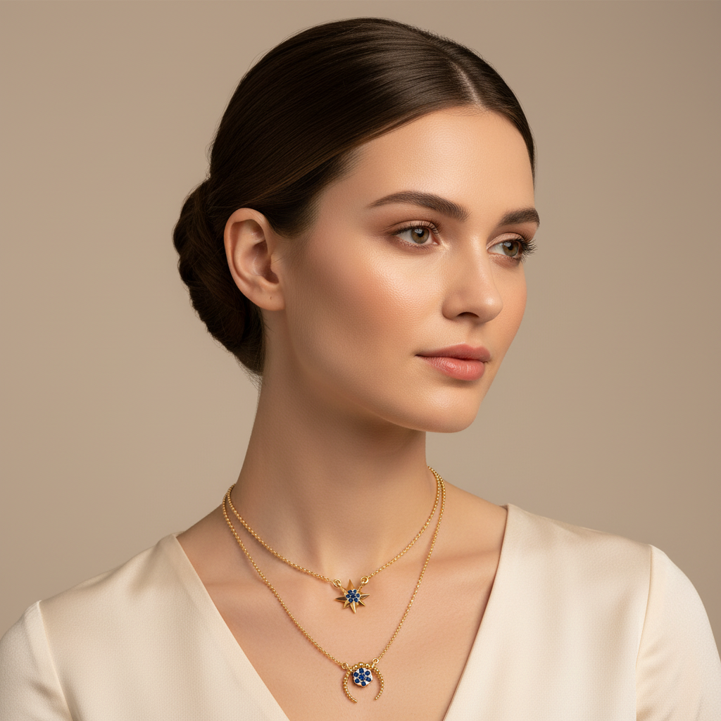 Blue Crystal Star And Horseshoe Layered Necklace Set - Five