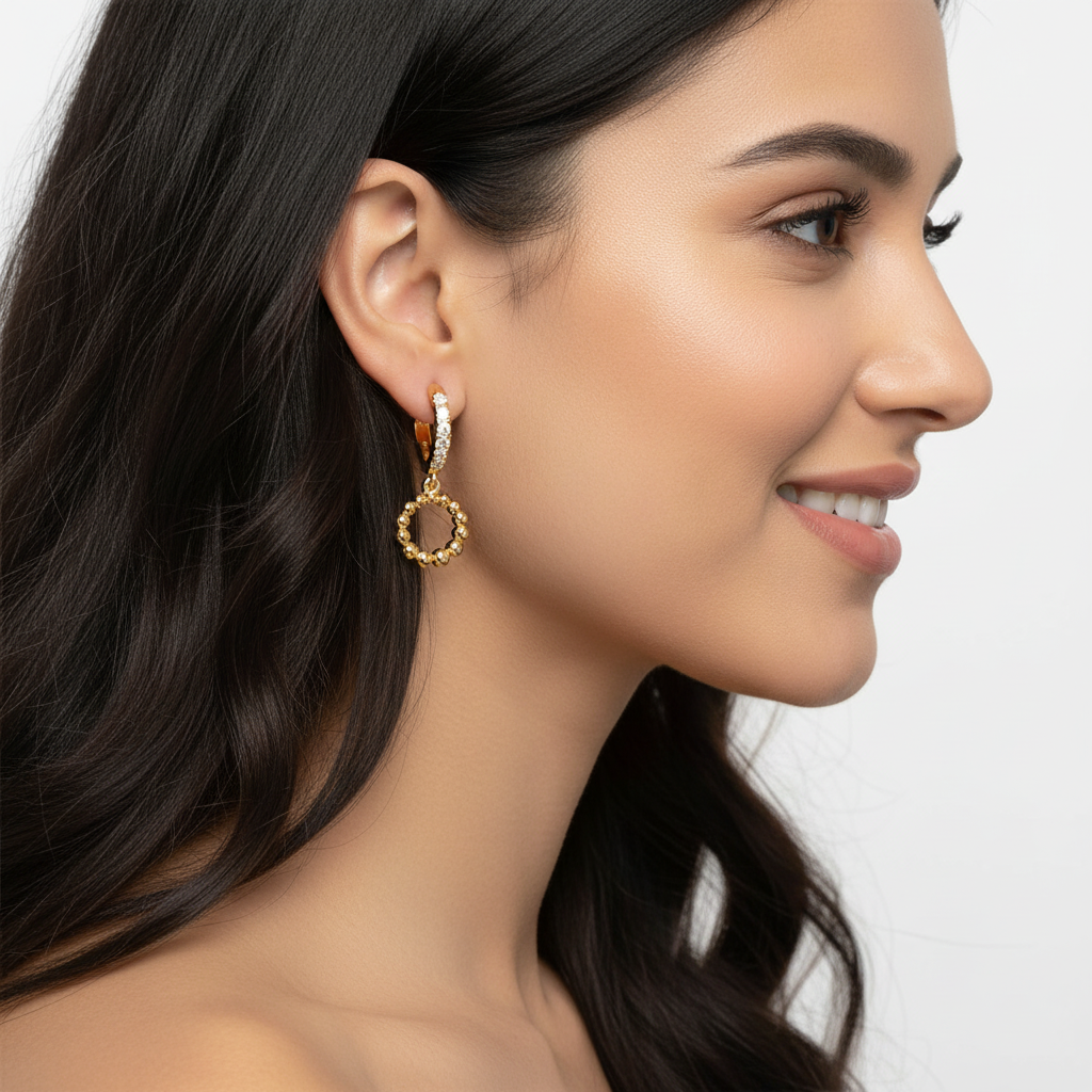 Pav Huggie Hoop Earrings With Beaded Circle Drop Charms - Five