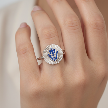 Blue Sapphire Hamsa Hand Disc Ring With Sunburst Design - Three