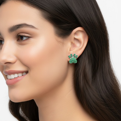 Green Crystal Paw Print Stud Earrings With Screw Back - Five