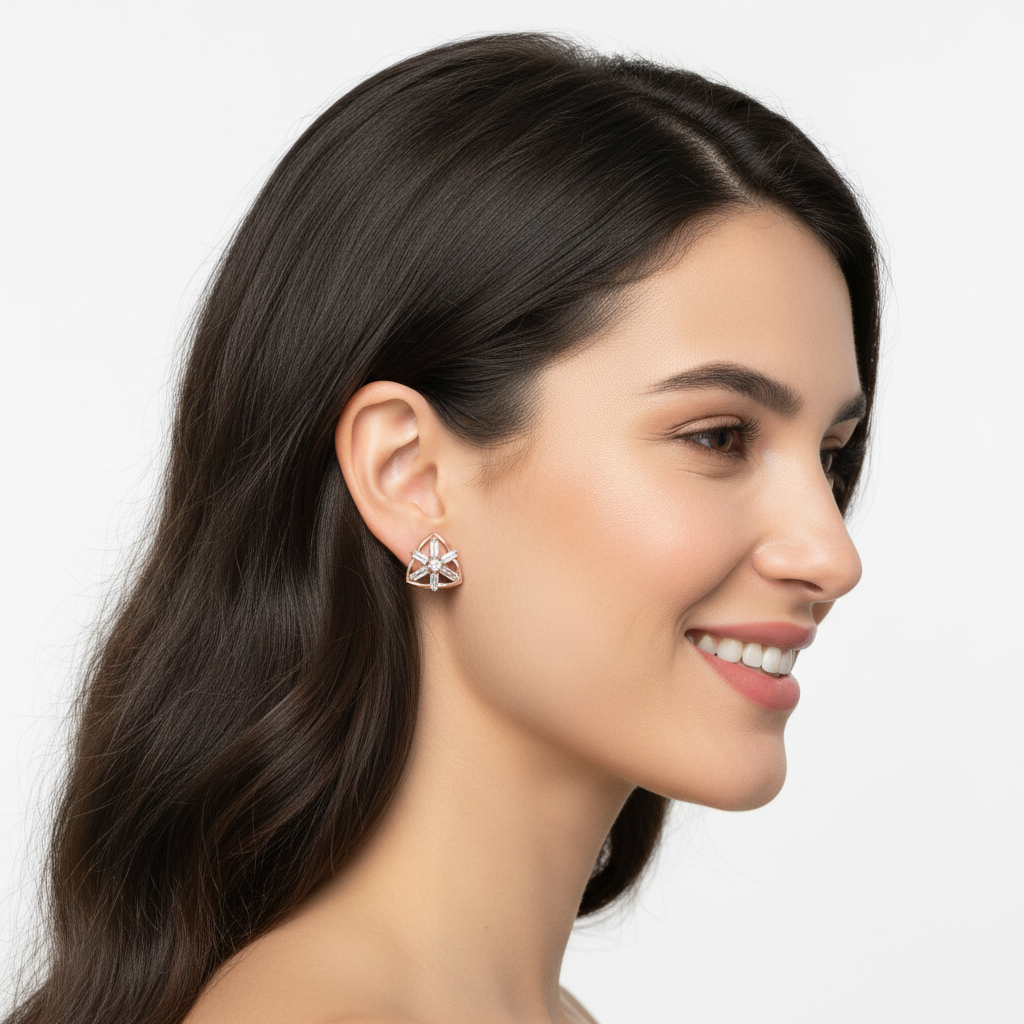 Baguette Diamond Unique Triangle Stud Earrings In Gold - Five