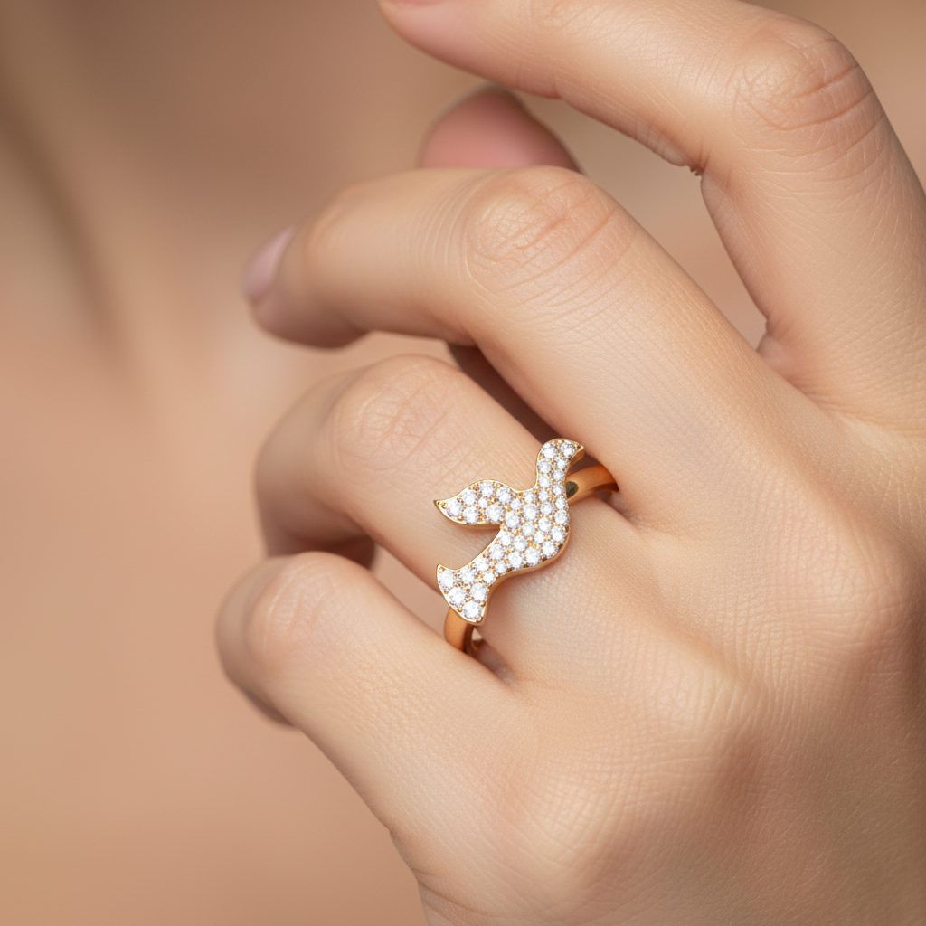 Pav Diamond Dove Bird Ring - Eight