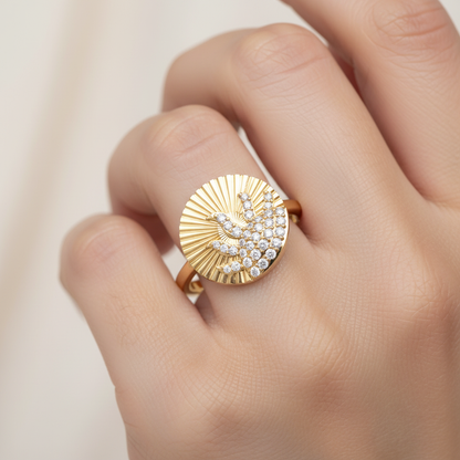 Diamond Sunburst Wave Ring With Textured Disc Design - Eight