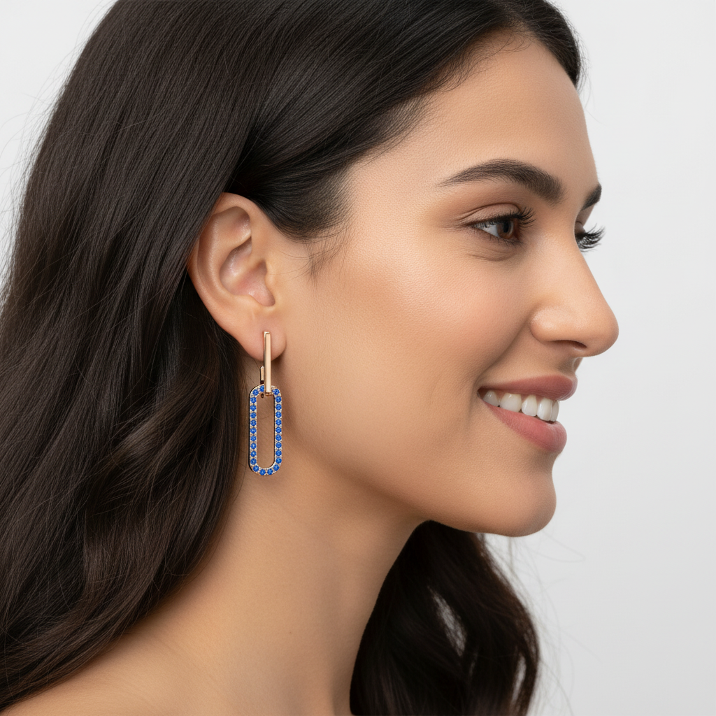 Blue Sapphire Geometric Drop Earrings With Bar Studs - Five