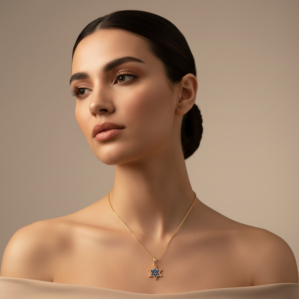 Sapphire Star Of David Pendant Necklace With Cable Chain - Five