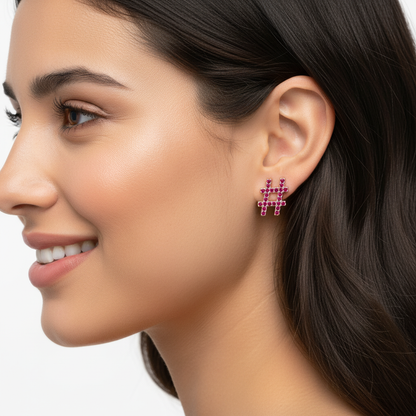 Pink Crystal Hashtag Symbol Stud Earrings With Screw Back Closure - Five