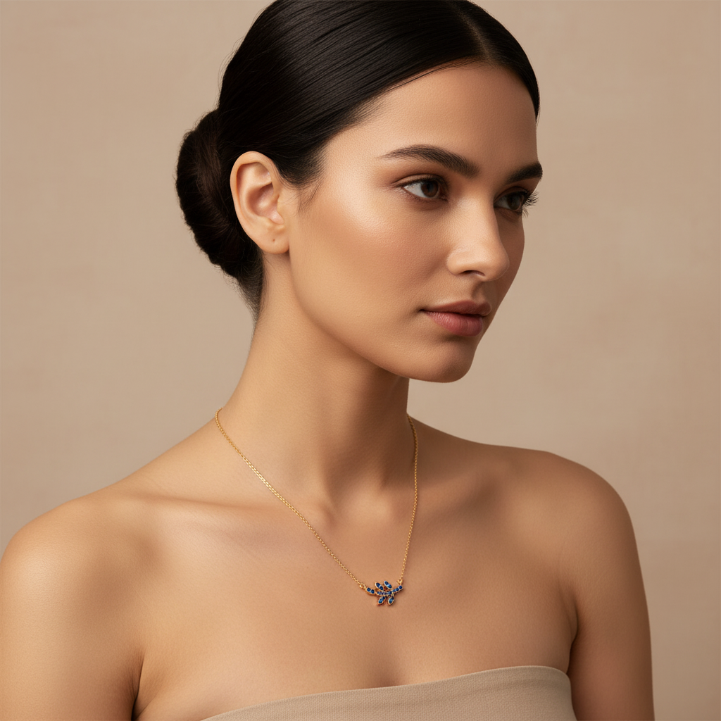 Blue Sapphire Leaf Branch Pendant Necklace - Five