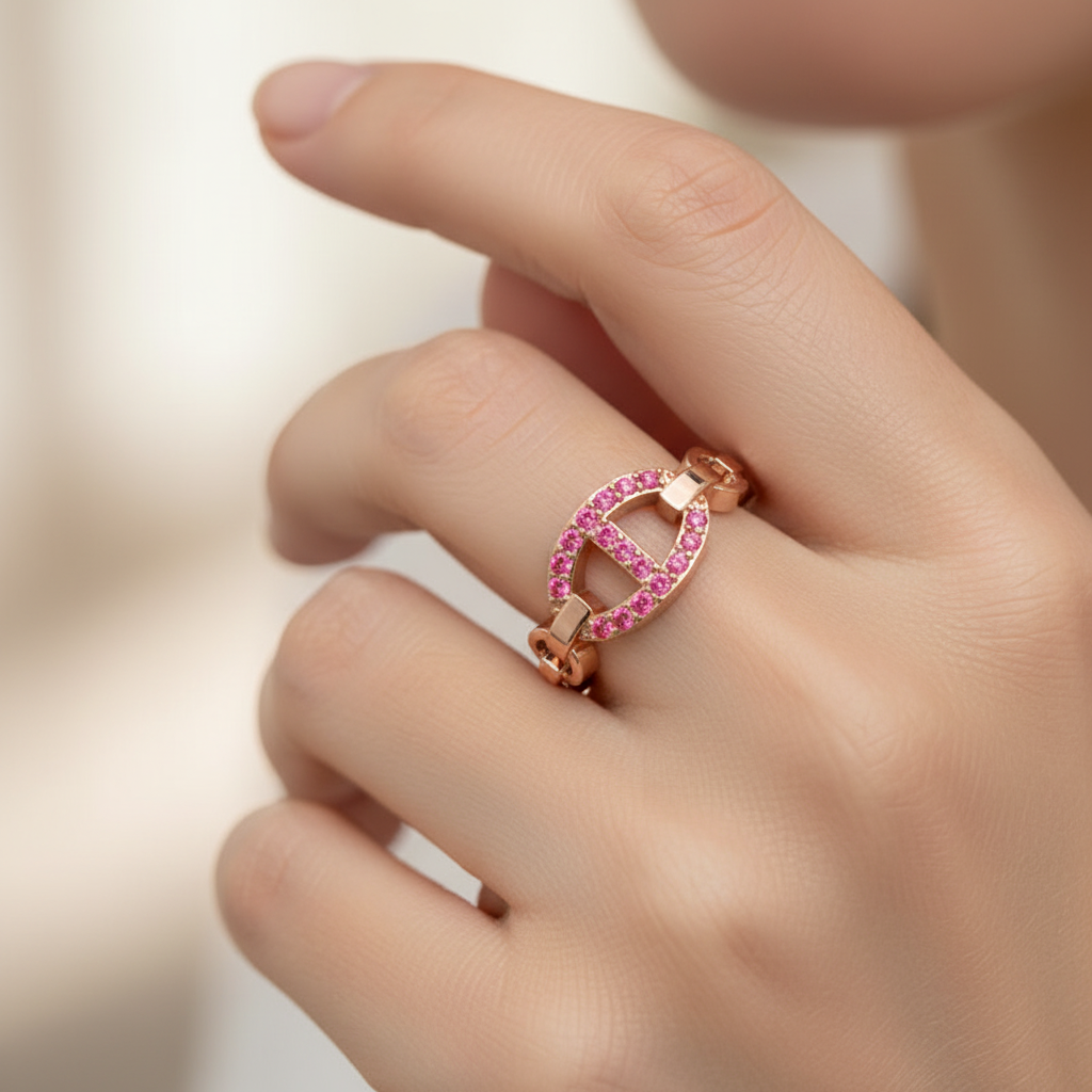 Ruby Oval Ring (Lab-Grown) | Rose Gold Chain Link Vertical Bar Design | Jebij - Eight