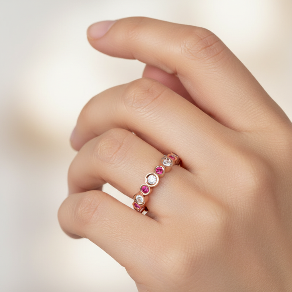 Alternating Pink And White Bezel Set Stackable Ring - Two