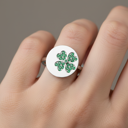 Four Leaf Clover Disc Ring With Green Stones - Eight