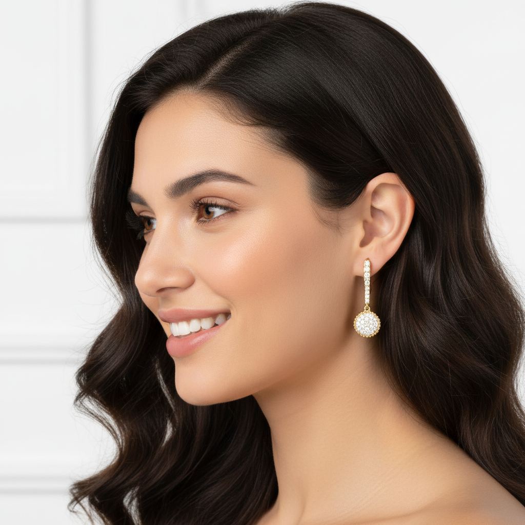 Pav Disc Drop Earrings With Beaded Halo Border - Five