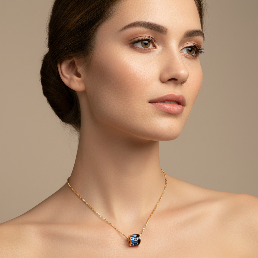 Triple Ring Pendant Necklace With Blue Gemstone Accents - Five