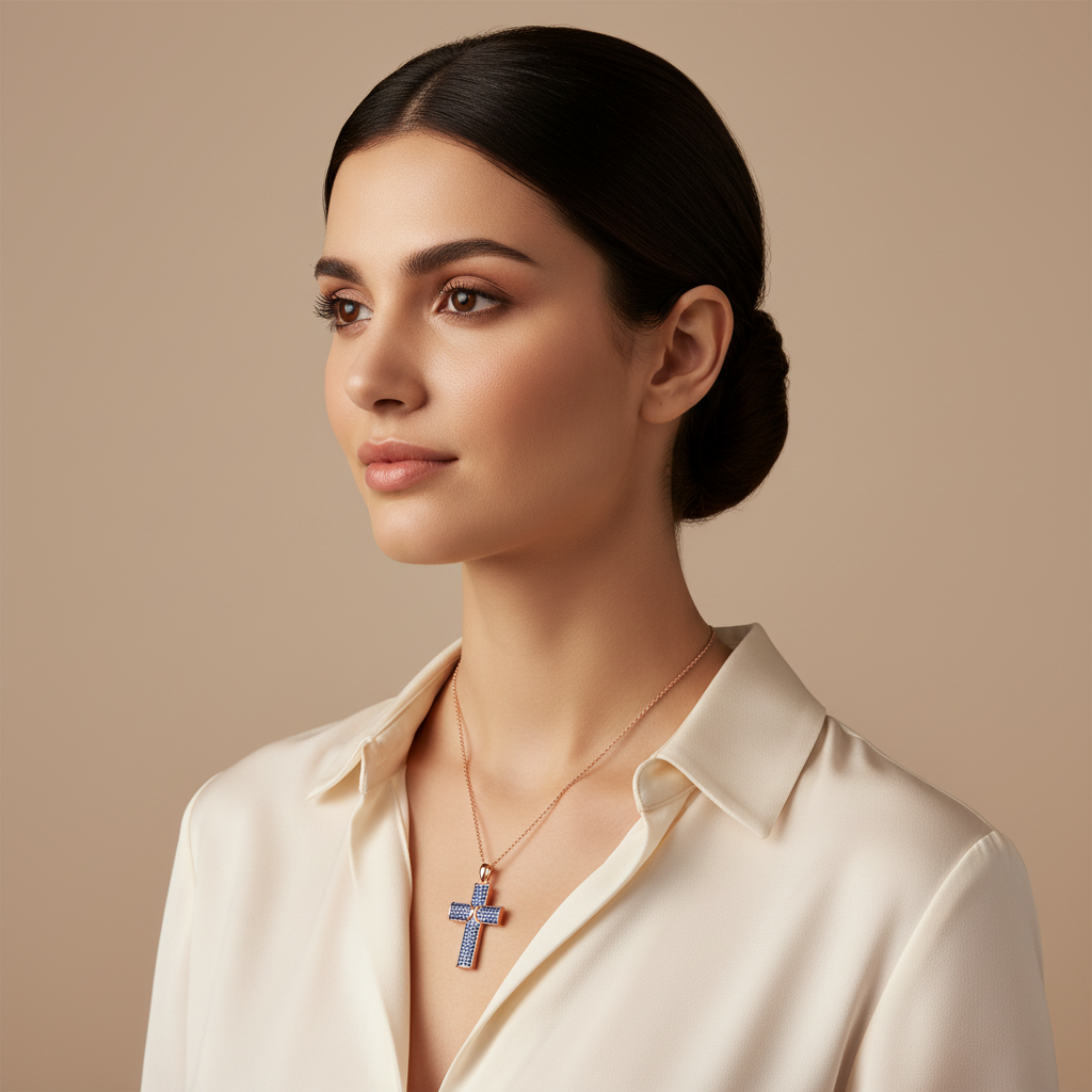 Blue Pav Cross Pendant Necklace - Four