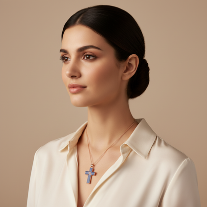 Blue Pav Cross Pendant Necklace - Four