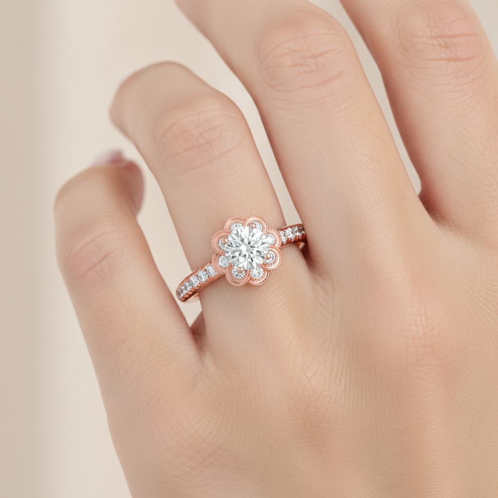 Flower Shaped Gold & Diamond Ring In 925 Sterling Silver - Thirteen