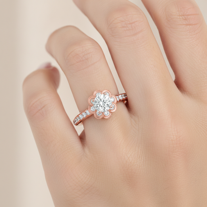 Flower Shaped Gold & Diamond Ring In 925 Sterling Silver - Thirteen