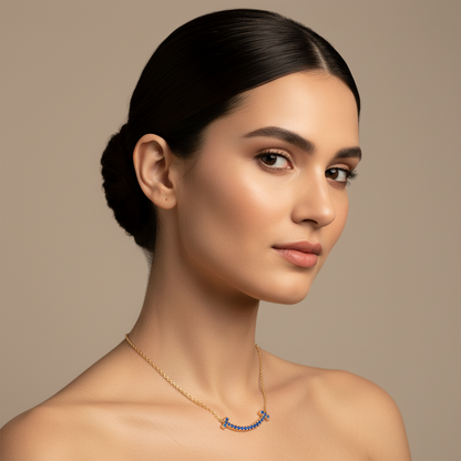 Blue Sapphire Curved Smile Bar Pendant Necklace - Five