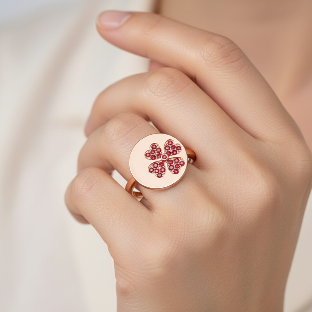 Ruby Clover Disc Ring With Pav Flower Design - Eight