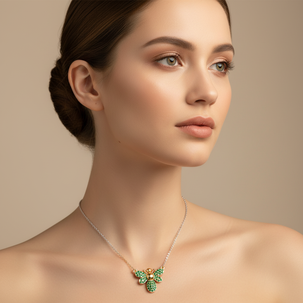 Emerald Bee Pendant Necklace With Chain - Five