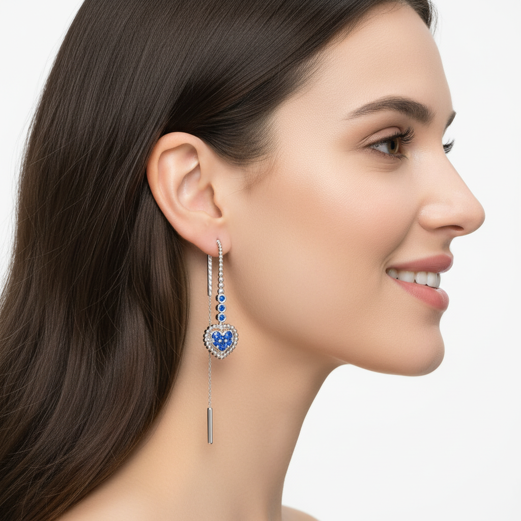 Blue Sapphire Heart Threader Earrings With Bar Drop - Eight