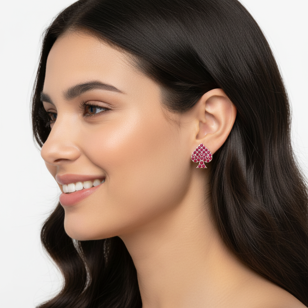 Ruby Spade Stud Earrings With Pav Setting - Five