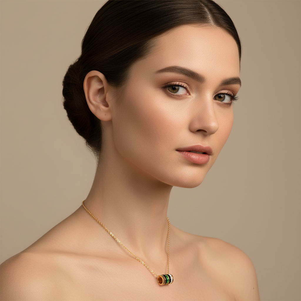 Yellow Gold Multi-Band Barrel Pendant Necklace With Diamond, Green Gemstone & Enamel | Jebij - Five