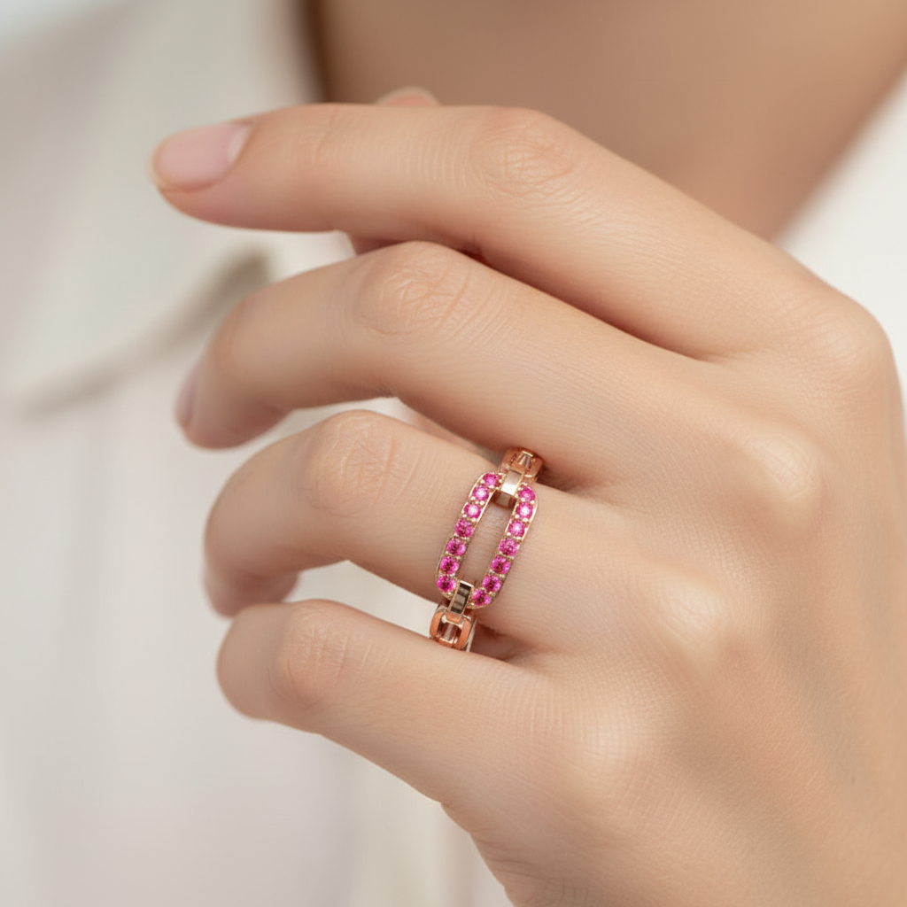 Lab-Grown Ruby Interlocking Link Ring In Rose Gold | Modern Chain Style Statement Ring For Women | Jebij - Eight