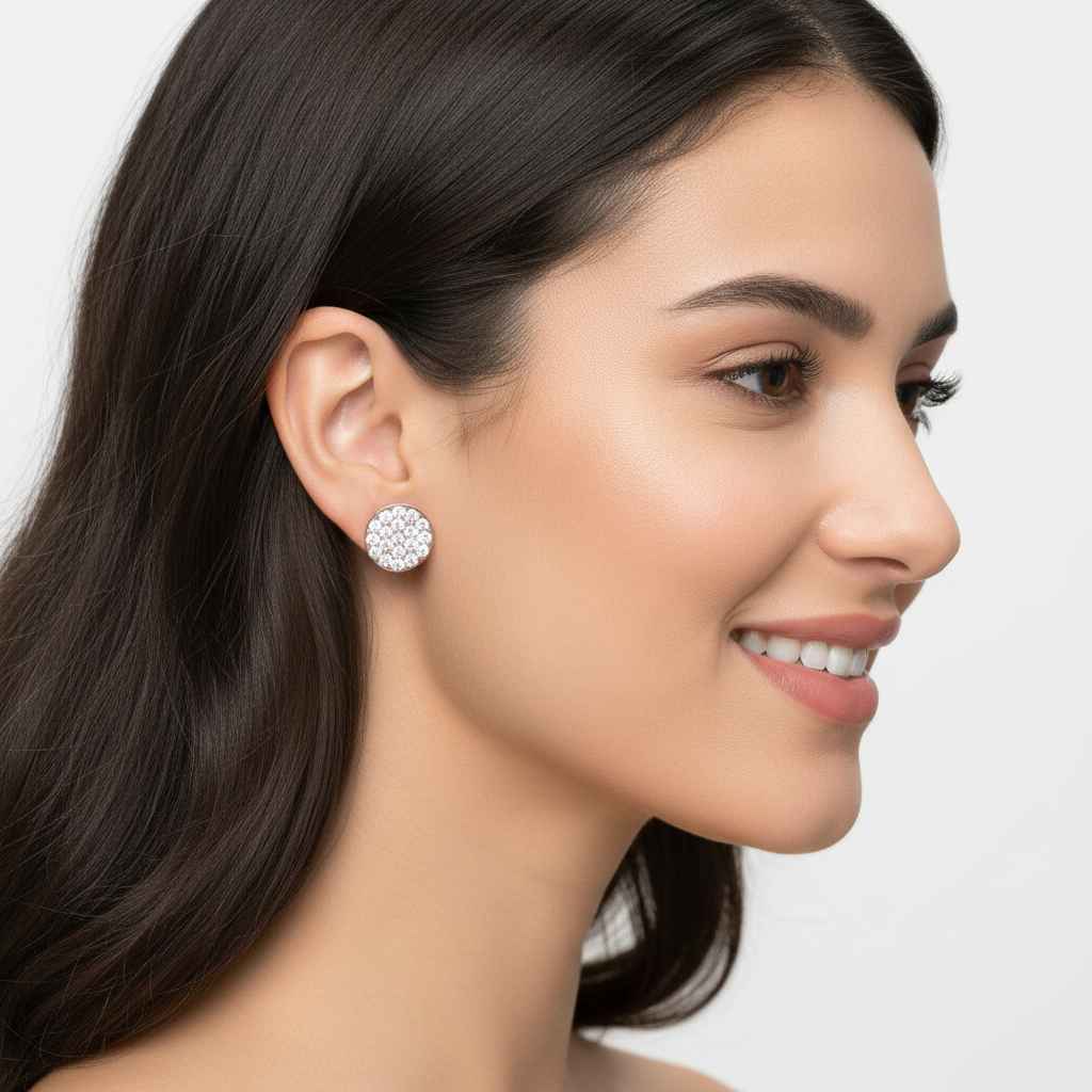 Pav Diamond Circle Disc Stud Earrings With Screw Back - Five