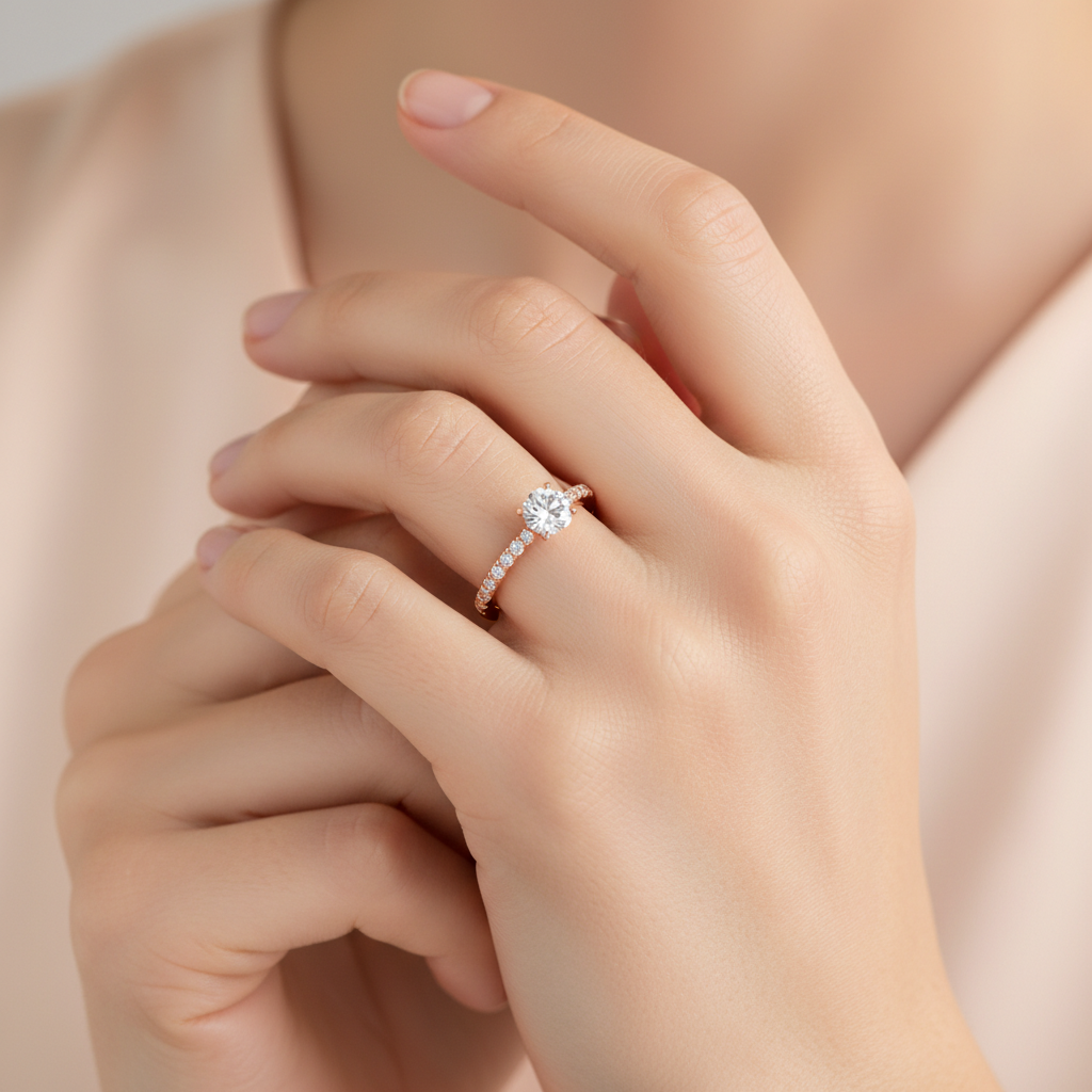 Rose Gold Diamond Solitaire Engagement Ring With Pav Band - Fourteen