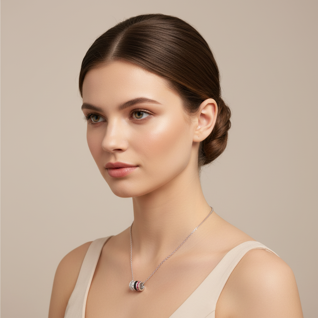 Diamond & Red Gemstone Barrel Pendant Necklace With Custom Enamel | Adjustable 16–17 Inch Chain In Rose Gold | Jebij - Five