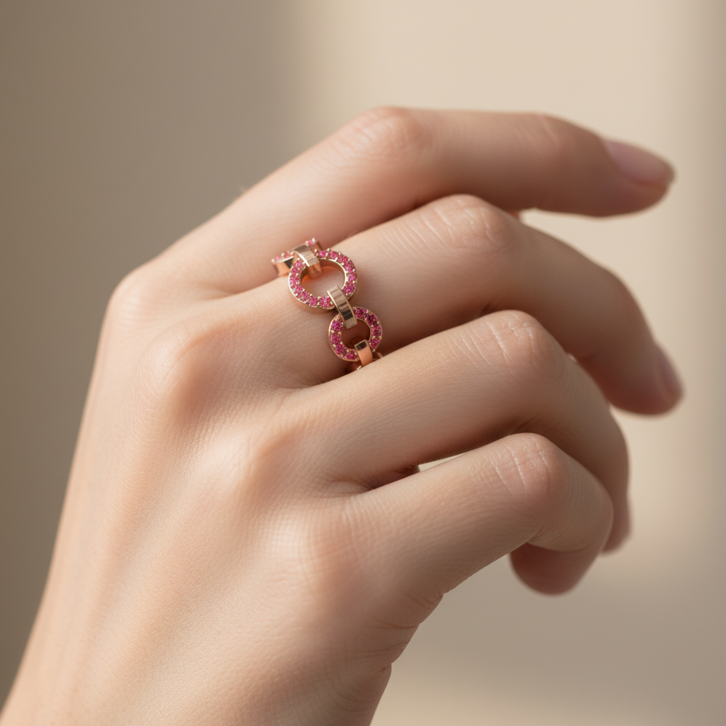 Ruby Multi-Link Circular Ring In Rose Gold | Double Pave Interlocking Chain Romantic Statement Luxury Ring For Women | Jebij - Nine