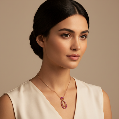 Ruby Oval Drop Pendant Necklace With Beaded Accents - Five