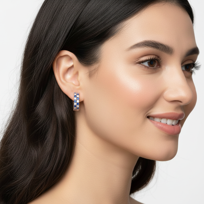 Rose Gold Blue Sapphire & Diamond Hoop Earrings – Double Row Huggie Earrings - Eight
