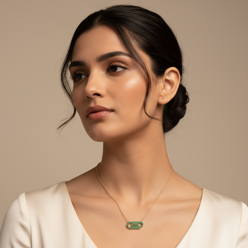Lab-Grown Emerald Interlocking Link Pendant Necklace In Rose Gold | Modern Geometric Pave Design (16–17 Inch Adjustable) | Jebij - Five