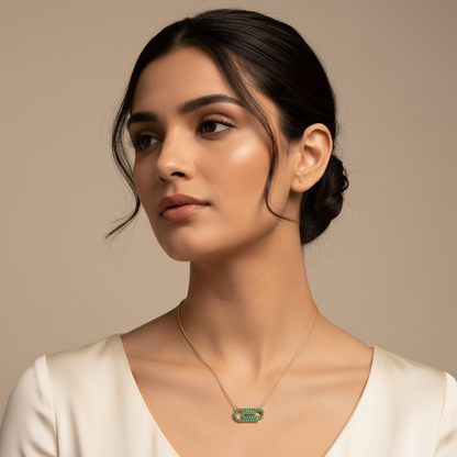 Lab-Grown Emerald Interlocking Link Pendant Necklace In Rose Gold | Modern Geometric Pave Design (16–17 Inch Adjustable) | Jebij - Five